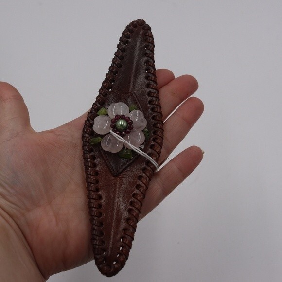 The Purple Door Leather Stone Bead Flower Cuff Adjustable Bracelet Boho - Picture 6 of 9